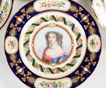 Set of Eight Sevres "Jeweled" Blue-Ground Portrait Plates