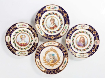 Set of Eight Sevres "Jeweled" Blue-Ground Portrait Plates