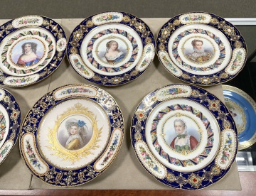 Set of Eight Sevres "Jeweled" Blue-Ground Portrait Plates