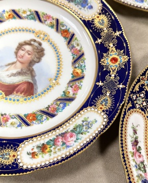 Set of Eight Sevres "Jeweled" Blue-Ground Portrait Plates