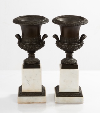 Pair of Grand Tour Bronze Urns on Marble Bases