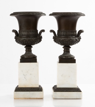 Pair of Grand Tour Bronze Urns on Marble Bases