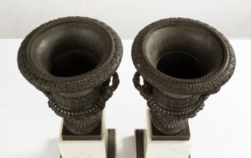 Pair of Grand Tour Bronze Urns on Marble Bases