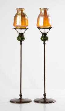 Tiffany Studios Blown-Out Candlesticks with Favrile Shades