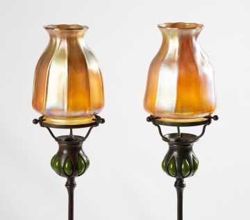 Tiffany Studios Blown-Out Candlesticks with Favrile Shades