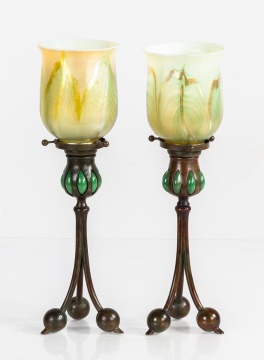 Pair of Tiffany Studios Blown-Out Candlesticks with Favrile Shades