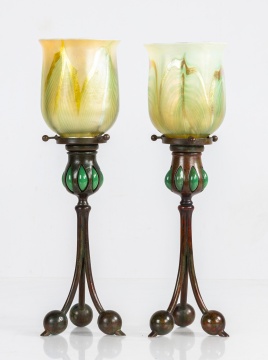 Pair of Tiffany Studios Blown-Out Candlesticks with Favrile Shades