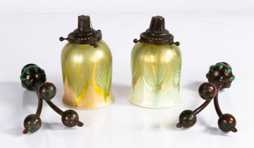 Pair of Tiffany Studios Blown-Out Candlesticks with Favrile Shades