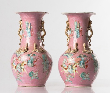 Pair of Chinese Pink-Ground Famille Rose Vases