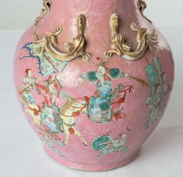 Pair of Chinese Pink-Ground Famille Rose Vases