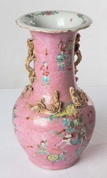 Pair of Chinese Pink-Ground Famille Rose Vases