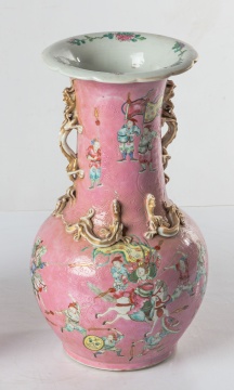 Pair of Chinese Pink-Ground Famille Rose Vases