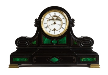 19th Century Year-Going Black Slate & Malachite Mantel Clock