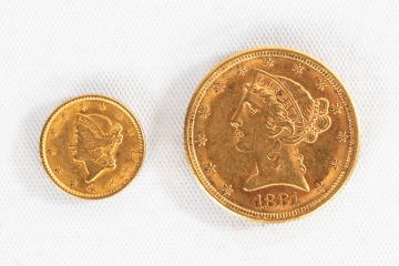 1881 Liberty Head $5 Gold Coin & 1853 Liberty $1 Gold Coin