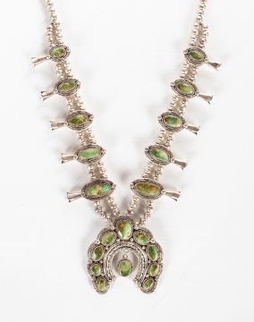 Venus & Nancy Edsitty, Navajo Silver & Lime Green Turquoise Squash Blossom Necklace