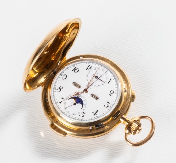 Volta 18K Gold Chronograph Pocket Watch with Minute Repeater, Calendar & Moon Phase