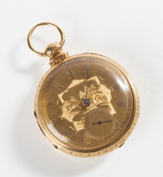 18K Gold Open Face Pocket Watch with Chinoiserie Motif