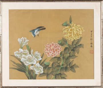 Chinese Painting on Silk, Chrysanthemum & Bird