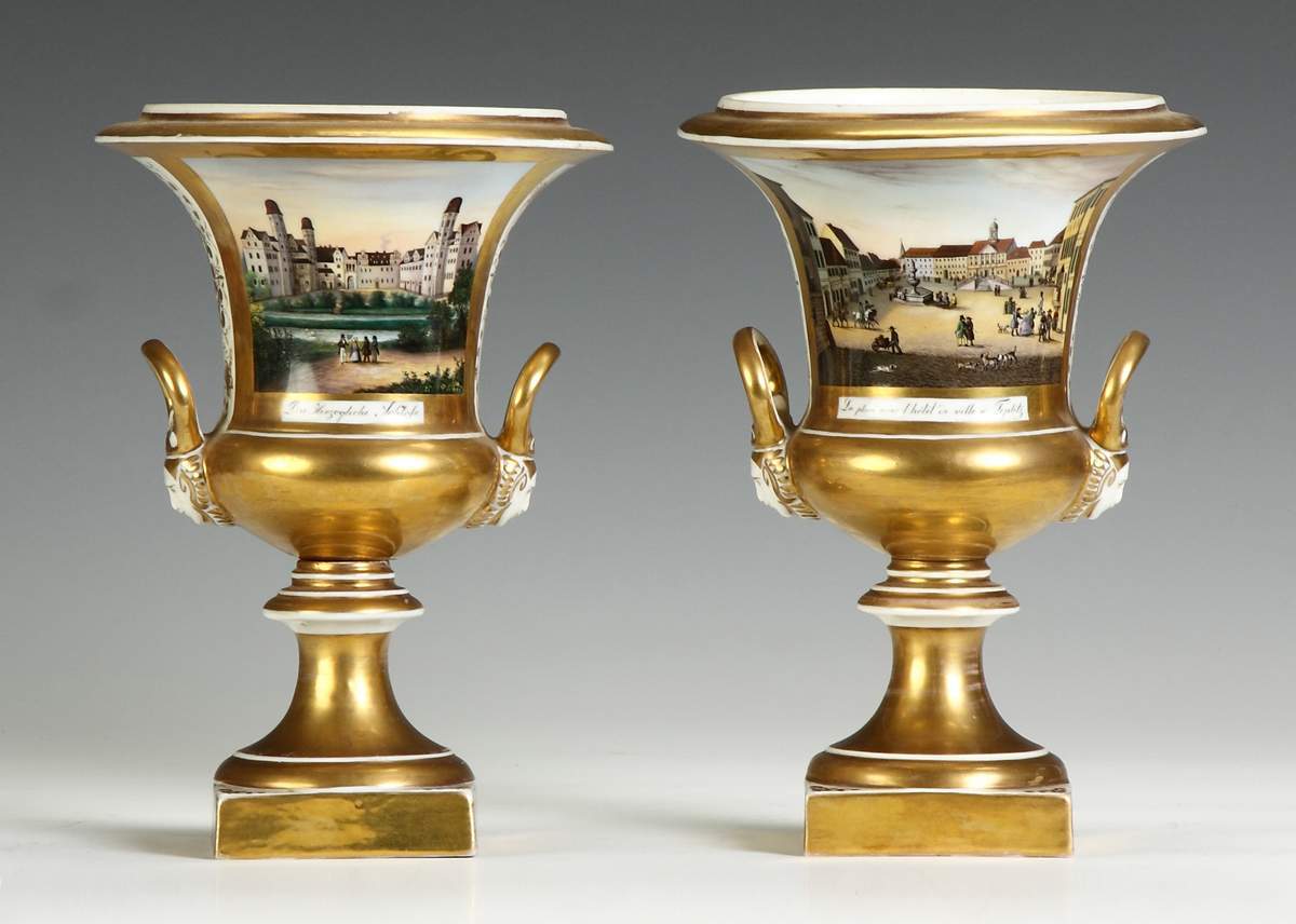 Pair of Old Paris Mantle Vases w/Street Scenes | Cottone Auctions
