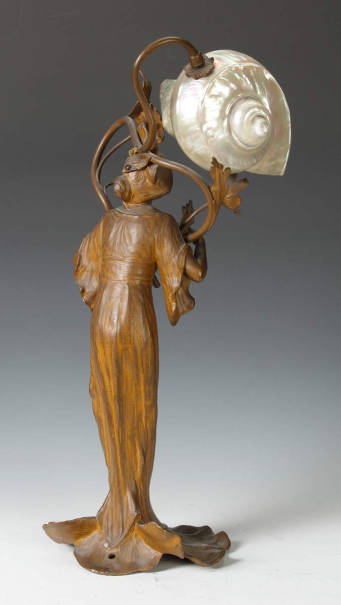 Art Nouveau Patinated Metal Lamp  with Nautilus Shell  Shade 