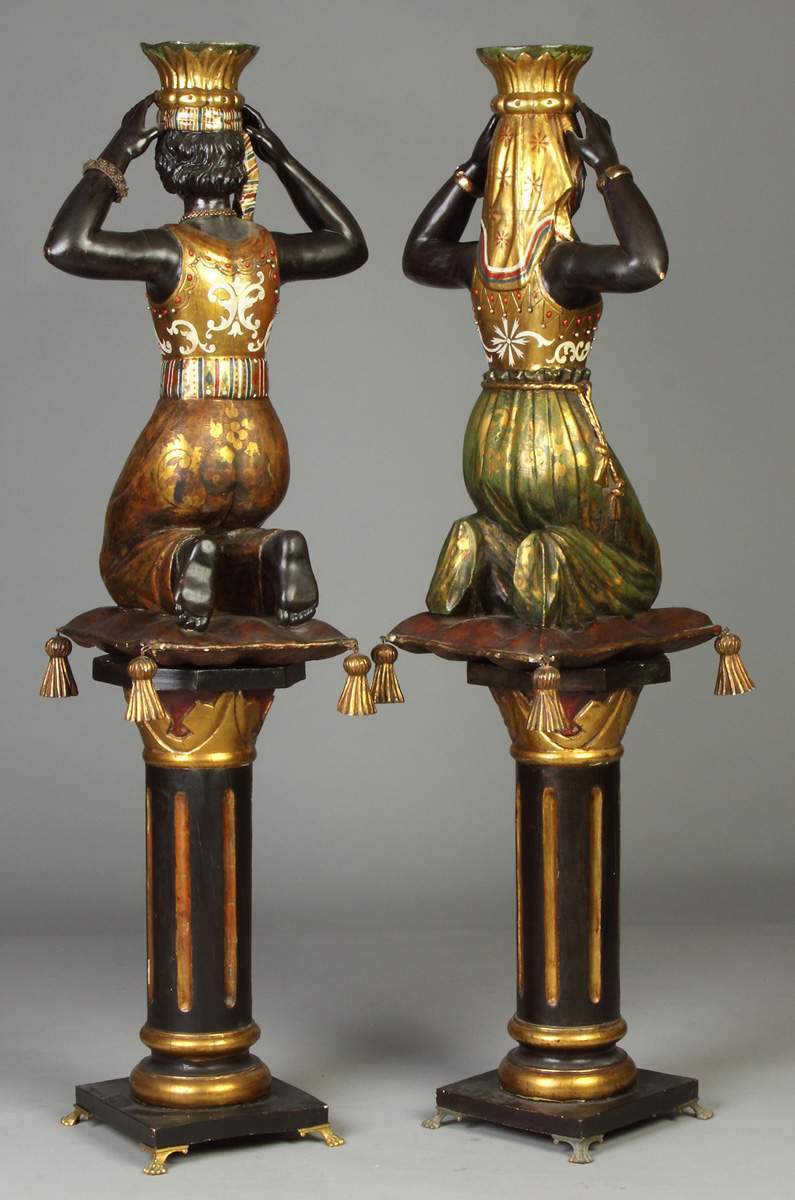 Two Carved, Gilded & Painted Blackamoors On Stand 