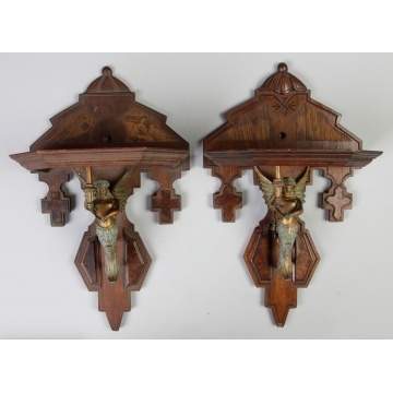 Two Similar Victorian Wall Brackets w/Patinaed Metal Figures