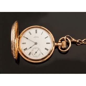 A. W. Co., Waltham 14K Gold Pocket Watch with Chain & Fob
